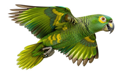 Isolated Flying Yellow-crowned Amazon Parrot showing Colorful Feathers in Flight, Wild Animal
