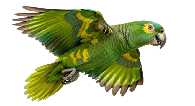 Isolated Flying Yellow-crowned Amazon Parrot showing Colorful Feathers in Flight, Wild Animal