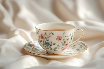Fototapeta premium Elegant floral teacup filled with tea, resting on a matching saucer atop a soft, creamy fabric.