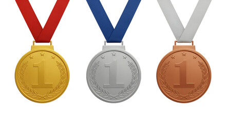 Golden silver and bronze medals with number one on transparent background