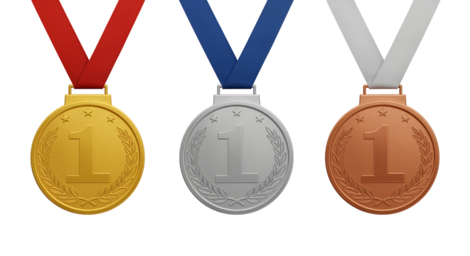Golden silver and bronze medals with number one on transparent background