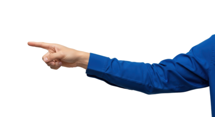 Isolated arm and hand gesturing pointing away, sleeve, blue shirt, Caucasian human arm