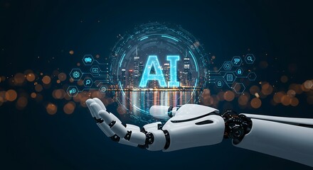 A robotic hand holds a glowing AI hologram, symbolizing the future of artificial intelligence and modern technology.