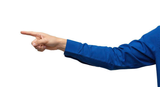 Isolated arm and hand gesturing pointing away, sleeve, blue shirt, Caucasian human arm