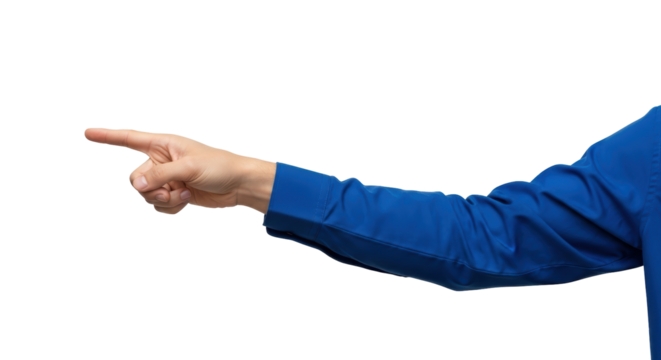 Isolated arm and hand gesturing pointing away, sleeve, blue shirt, Caucasian human arm