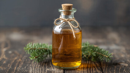 Elegant Glass Oil Bottle with Pine on Rustic Surface
