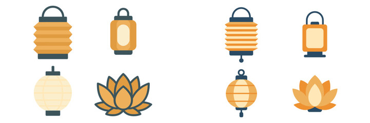 Obraz premium Collection of traditional Asian lanterns and sacred lotus flowers in a decorative flat design style for cultural events and celebrations