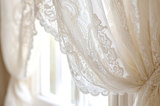 Elegant, soft light shines through delicate, white lace curtains, gently draped near a window creating a soothing, peaceful atmosphere. - Powered by Adobe
