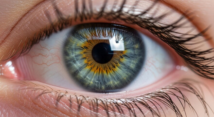 Fototapeta premium Intricate details of a striking hazel eye with captivating color variations and stunning eyelashes