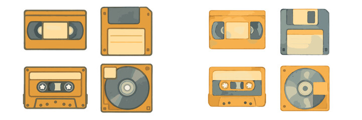 Obraz premium Assortment of classic retro technology storage devices including floppy disks, VHS tapes, audio cassettes, and mini-discs