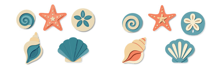 Stylized collection of marine life elements including seashells, starfish, and sand dollars in paper cut style
