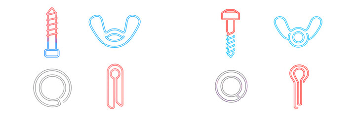 Assortment of essential hardware fasteners such as screws, wing nuts, and cotter pins presented in a clean outline style