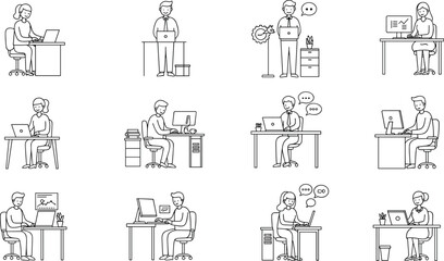 Black and white office work illustrations showing people at desks with laptops, documents, charts, teamwork, productivity, communication, and remote working scenes