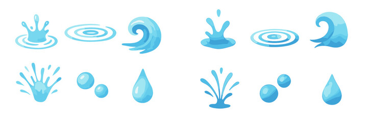 Obraz premium Set of blue water elements including splashes, ripples, waves, drops, and bubbles in a clean style