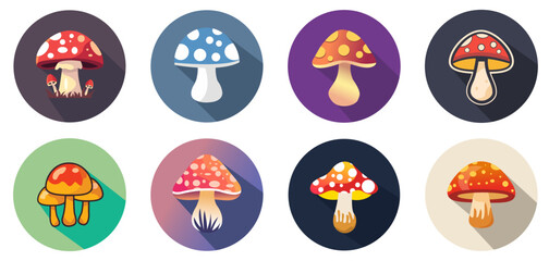 Set of different mushroom illustration,Cartoon mushrooms vector set,colorful mushroom icon set