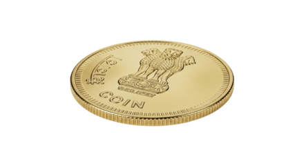 Isolated Gold Coin featuring the Lion Capital of Ashoka, a national emblem of India