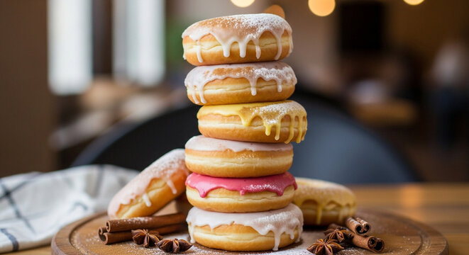 Delicious stack of colorful donuts with icing and spices for sweet treats and bakery promotions - Powered by Adobe