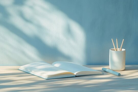 Open notebook, pens in a cup, and soft light create a calming workspace atmosphere for creativity and focused thinking.