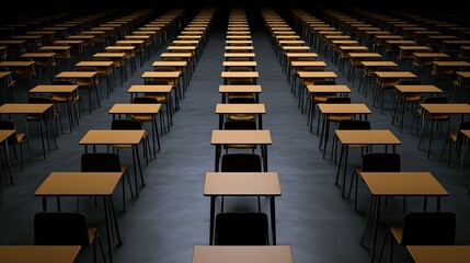 Large empty classroom with rows of desks and chairs in dark moody lighting wide angle view.