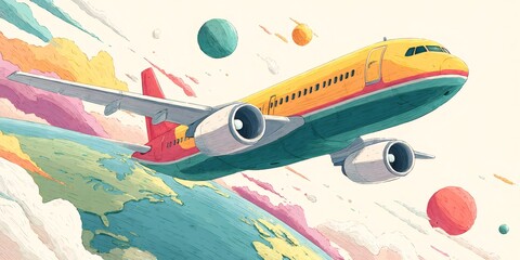 Airplane flying over earth with colorful planets and clouds