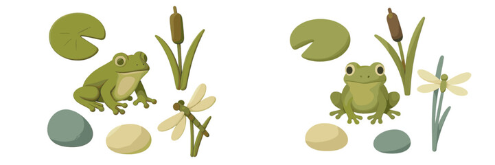 Naklejka premium Cute green frog, lily pad, cattail plant, dragonfly insect, and pond elements on white background for nature