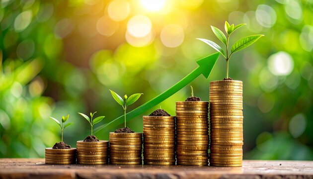 Stacks of gold coins rise in ascending order, each topped with a small plant sprouting from soil&mdash;set against lush greenery and sunlight, evoking growth, prosperity, and the rhythm of sustainable wealt