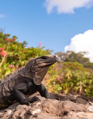 Iguana on rock, blue sky, flowers