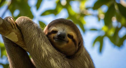 Fototapeta premium A Lazy Sloth Sleeps Peacefully Hanging From a Tree Branch