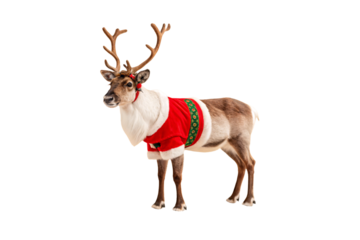 Reindeer in bright red Christmas outfit with green trim and collar bell decoration, isolated on a transparent background