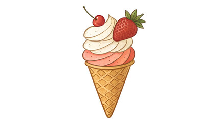 A colorful illustration of a soft-serve ice cream cone with strawberry and cherry toppings.