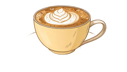 Illustration of a latte with latte art in a yellow cup.