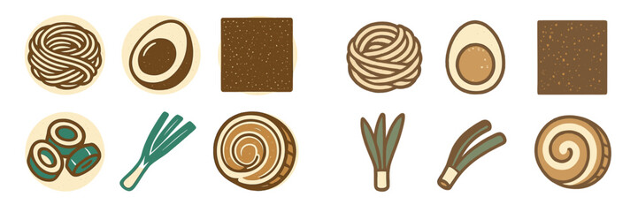 Stylized Asian food ingredients for ramen soup, including noodles, egg, nori, and fresh green onion