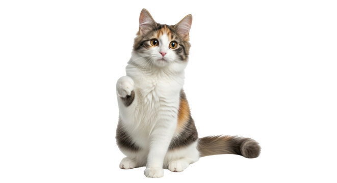 Isolated Sitting Domestic Cat Raising Paw Up Cute Calico Kitten Friendly Looking Indoors