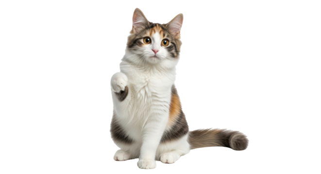 Isolated Sitting Domestic Cat Raising Paw Up Cute Calico Kitten Friendly Looking Indoors