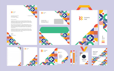 Creative and colorful corporate identity kit featuring multicolor patterns and full branding assets.