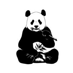 Fototapeta premium Giant panda eating bamboo silhouette isolated on white background