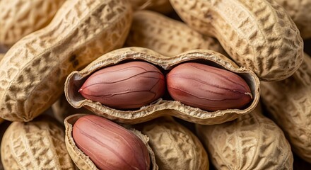 Close up of peanuts in shells, showing detail of the nuts.