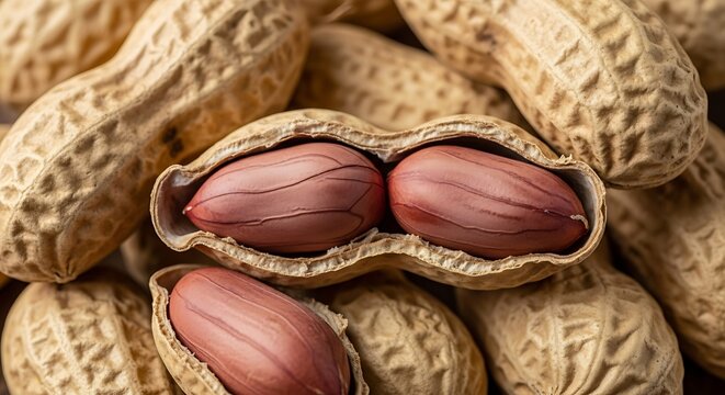Close up of peanuts in shells, showing detail of the nuts.
