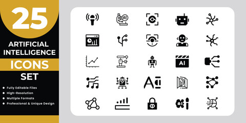 Artificial Intelligence Icons Set with Network and Robot Symbols