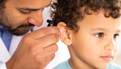 Close-up of a doctor examining a young child's ear with an otoscope, depicting a routine medical check-up and pediatric healthcare.