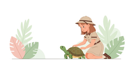Explorer Interacting With A Tortoise, Botanical Illustration, Tropical Theme, Friendly Setting