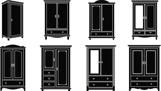 Black silhouette wardrobe furniture set, classic wooden closet designs, modern storage cabinet collection, elegant cupboard icons, bedroom furniture illustration vector