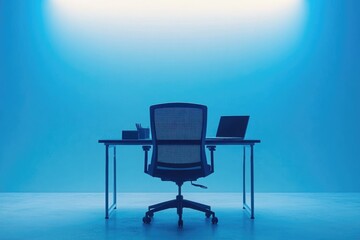 Minimalist workspace with an office chair, desk, laptop, and stationery, bathed in a cool, monochromatic blue light creates a peaceful ambiance.