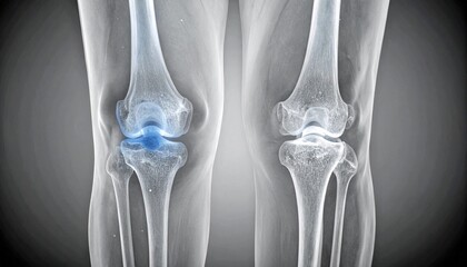 3D rendering of human knee joint X-ray, showcasing bones and a highlighted area, symbolizing medical imaging, orthopedic health, or pain.