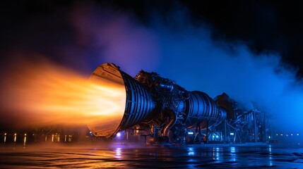 Rocket Engine Test Firing at Night with Blue and Orange Flame