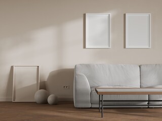 Contemporary Minimalist Living Room with Two Frames and Decorative Spheres