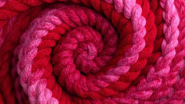 Abstract red and pink cotton rope spiral with a bold texture