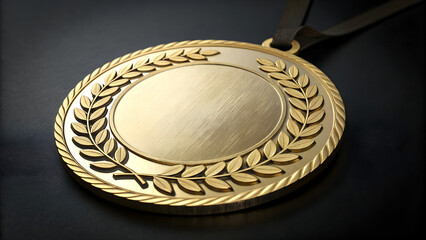 A detailed close up of a golden award medal with a laurel wreath border and a blank circular center for customization isolated on transparent background