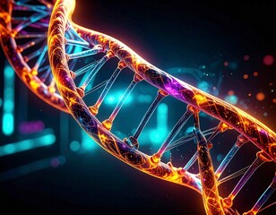 A vibrant, glowing DNA double helix representing genetic research, biotechnology, and the future of molecular science.