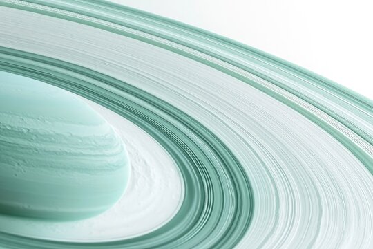 Striking depiction of a light blue gas giant planet encircled by its prominent and intricate ring system against a white background.